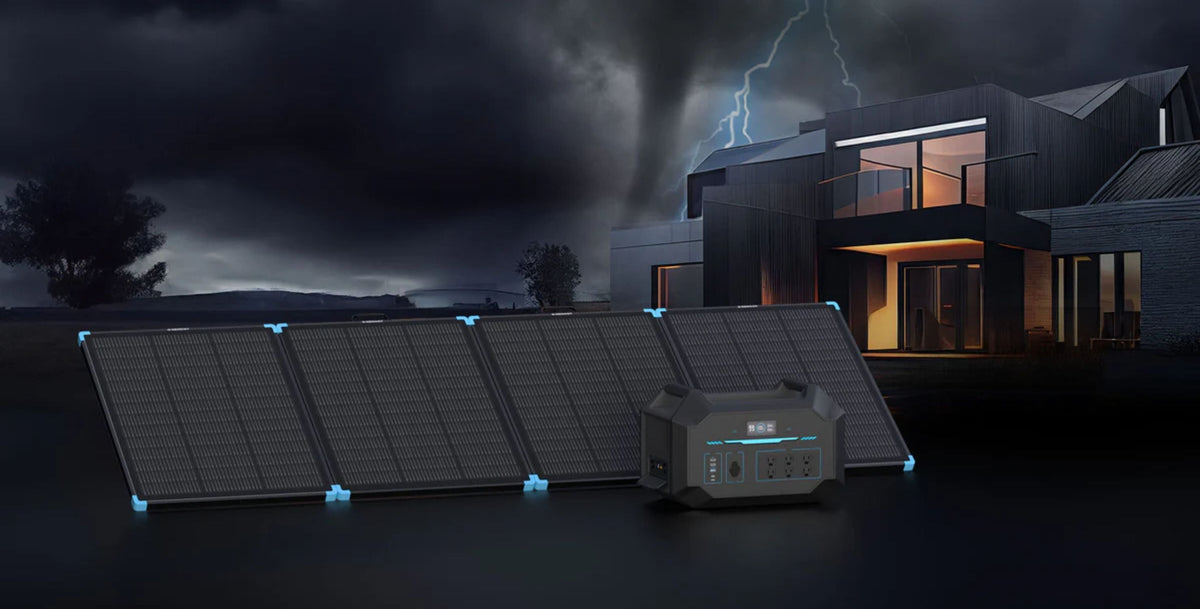 Portable power station and folding solar panel outside a house during a nighttime storm