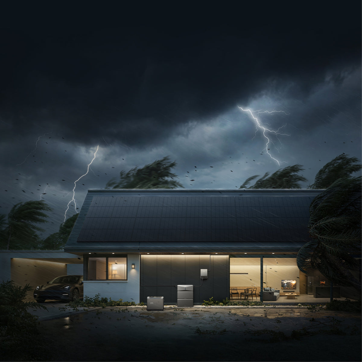 Home with its lights on during a hurricane at night, powered by an Anker SOLIX E10 battery backup system