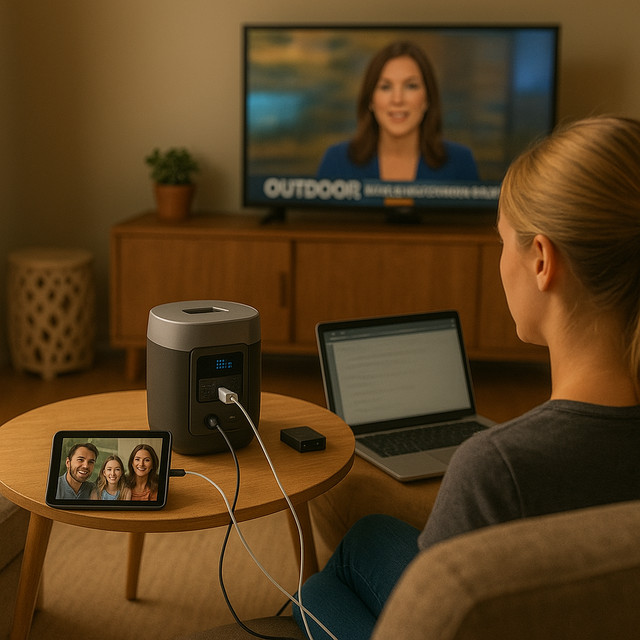 Woman working on a laptop at home while a portable power station runs her TV and devices