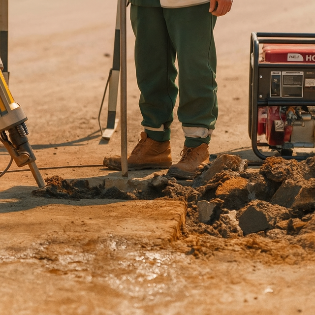 Worker at a job site with a jackhammer and a portable generator