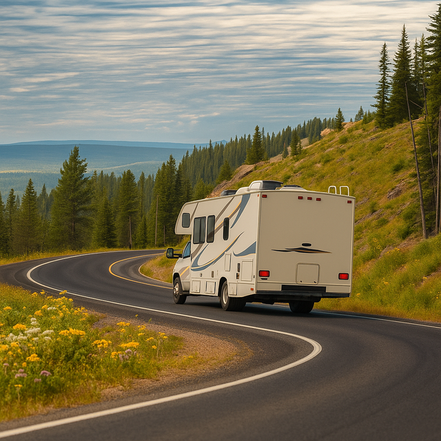 RV driving on a winding road through the mountains