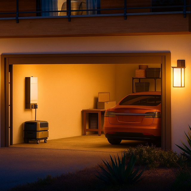 Open garage at night with a home battery backup system on the wall beside a car