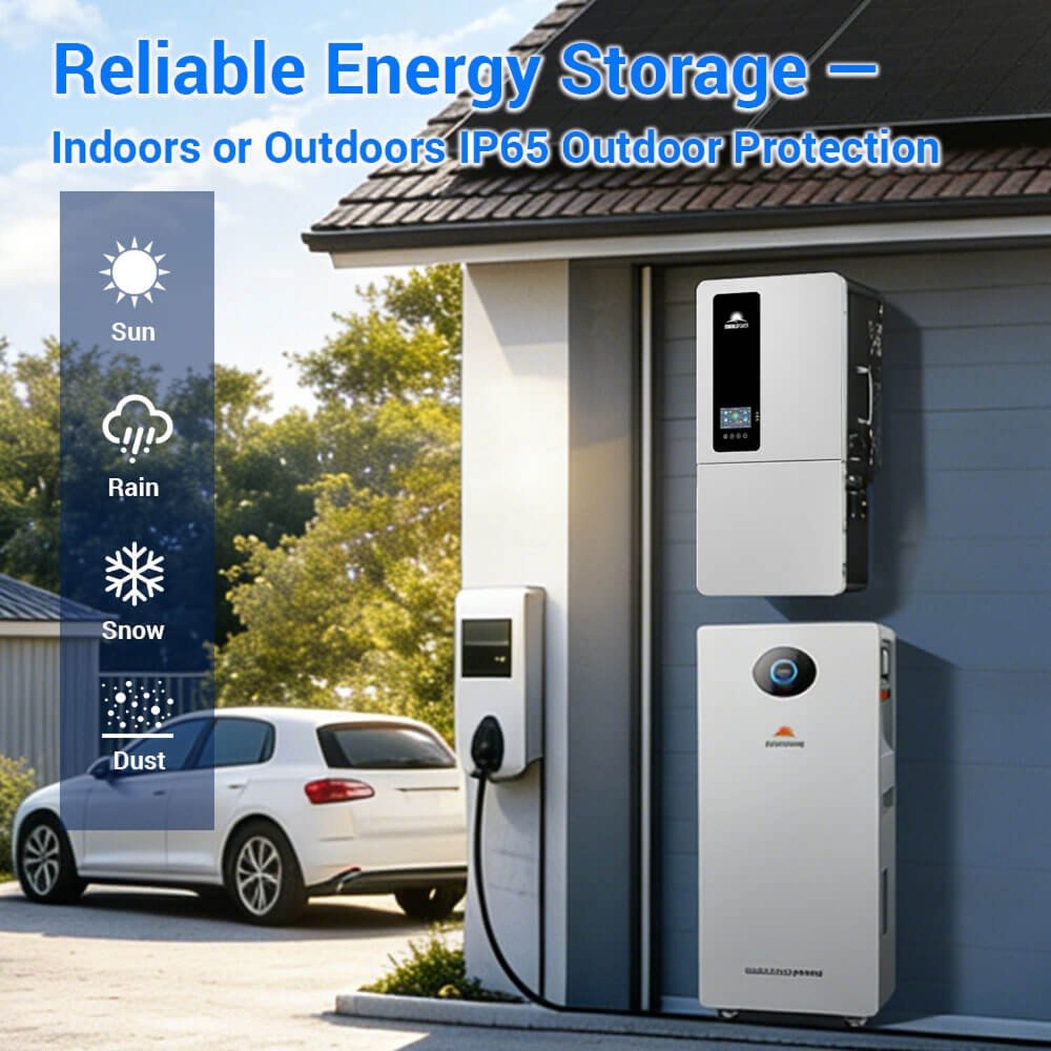 Hybrid inverter and PowerMax battery mounted outside a garage beside an EV charger with IP65 weather icons