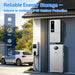 Hybrid inverter and PowerMax battery mounted outside a garage beside an EV charger with IP65 weather icons