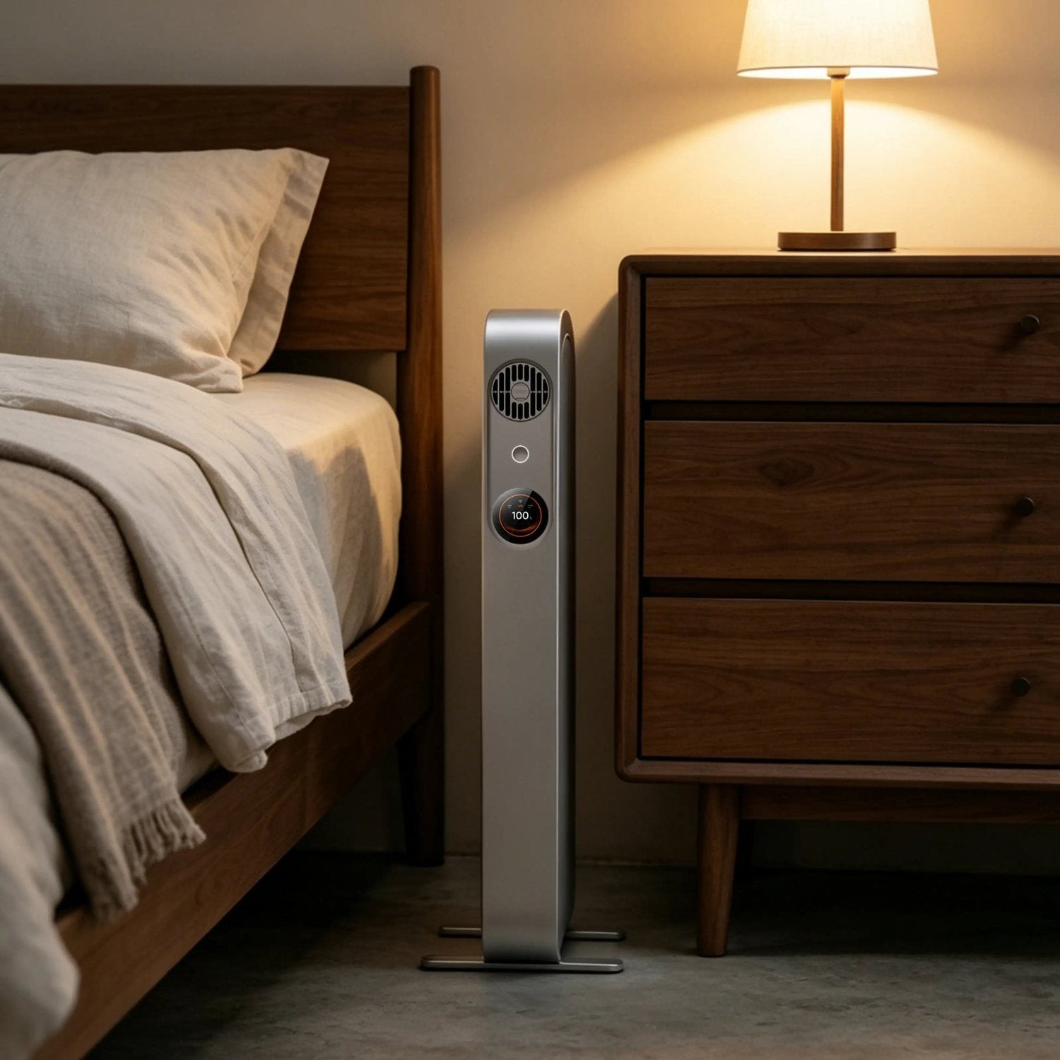 Jackery FridgeGuard on its vertical stands beside a bed in a bedroom