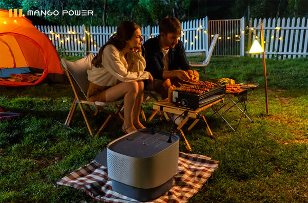 Mango Power Union Powering a Backyard BBQ at Night