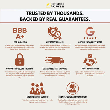 Outbound Power, trusted by thousands, with a BBB A+ rating, authorized dealer status, Google Top Quality Store, secure shopping, free shipping, Price Beat Promise and lifetime expert support