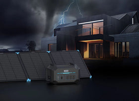 Portable power station and solar panel outside a home as a tornado approaches at night
