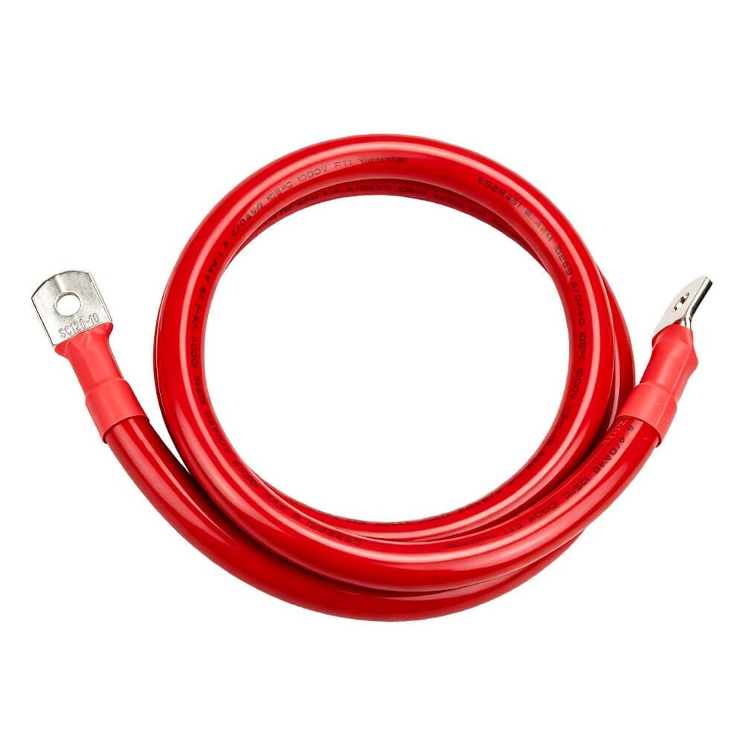Red 4/0 AWG battery cable coiled with a ring terminal lug on each end