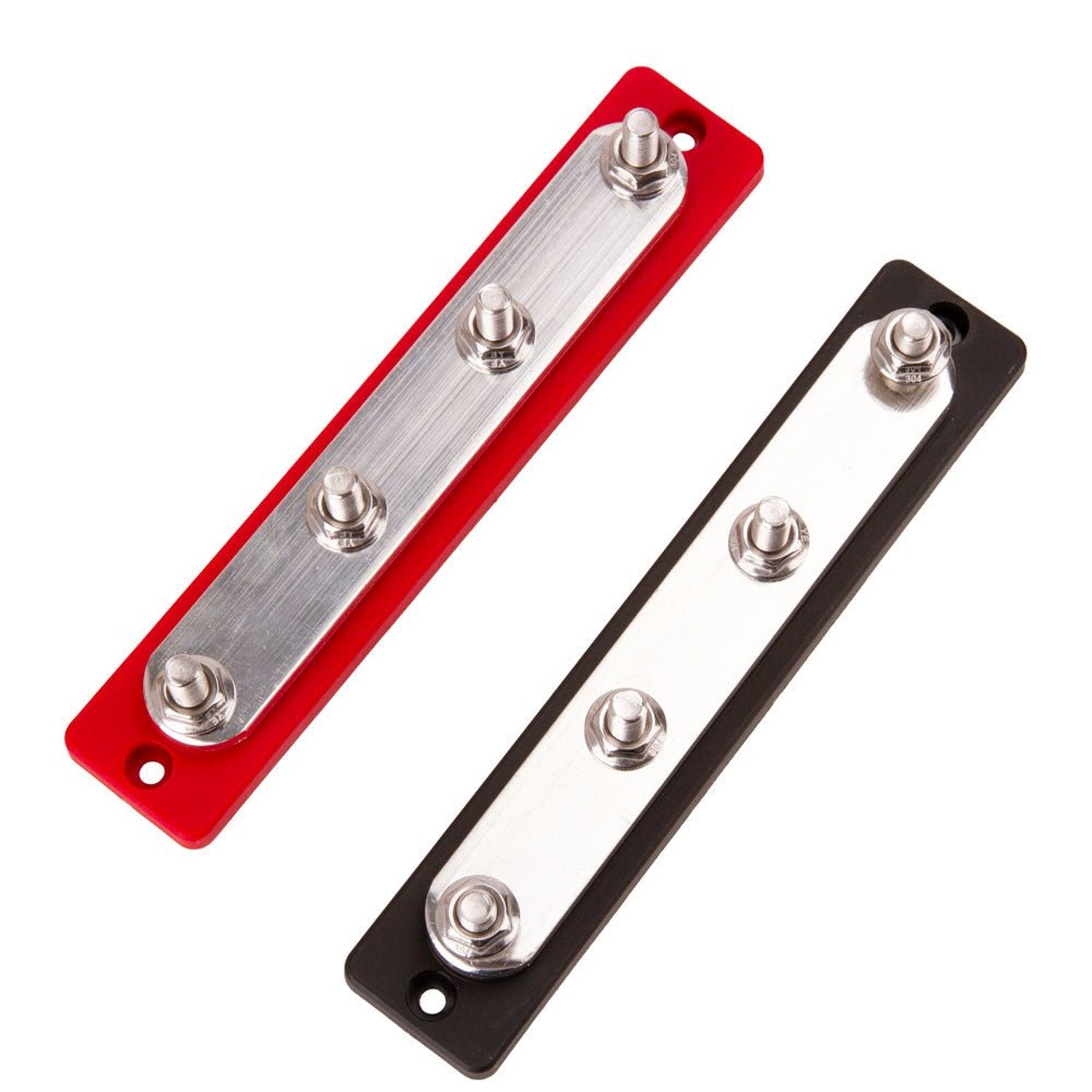 Red and black 250A bus bars with four M8 studs on tin-plated copper bars