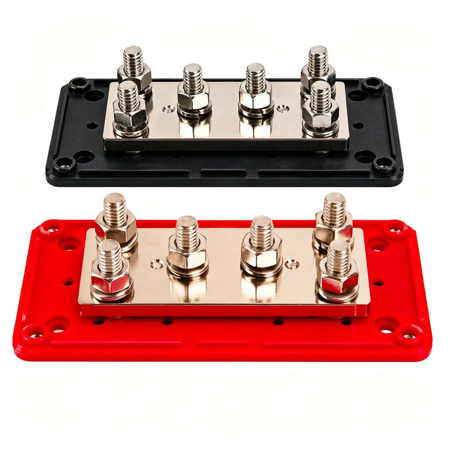 Red and black 400A bus bars showing six M8 studs on nickel-plated brass bars