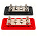 Red and black 400A bus bars showing six M8 studs on nickel-plated brass bars