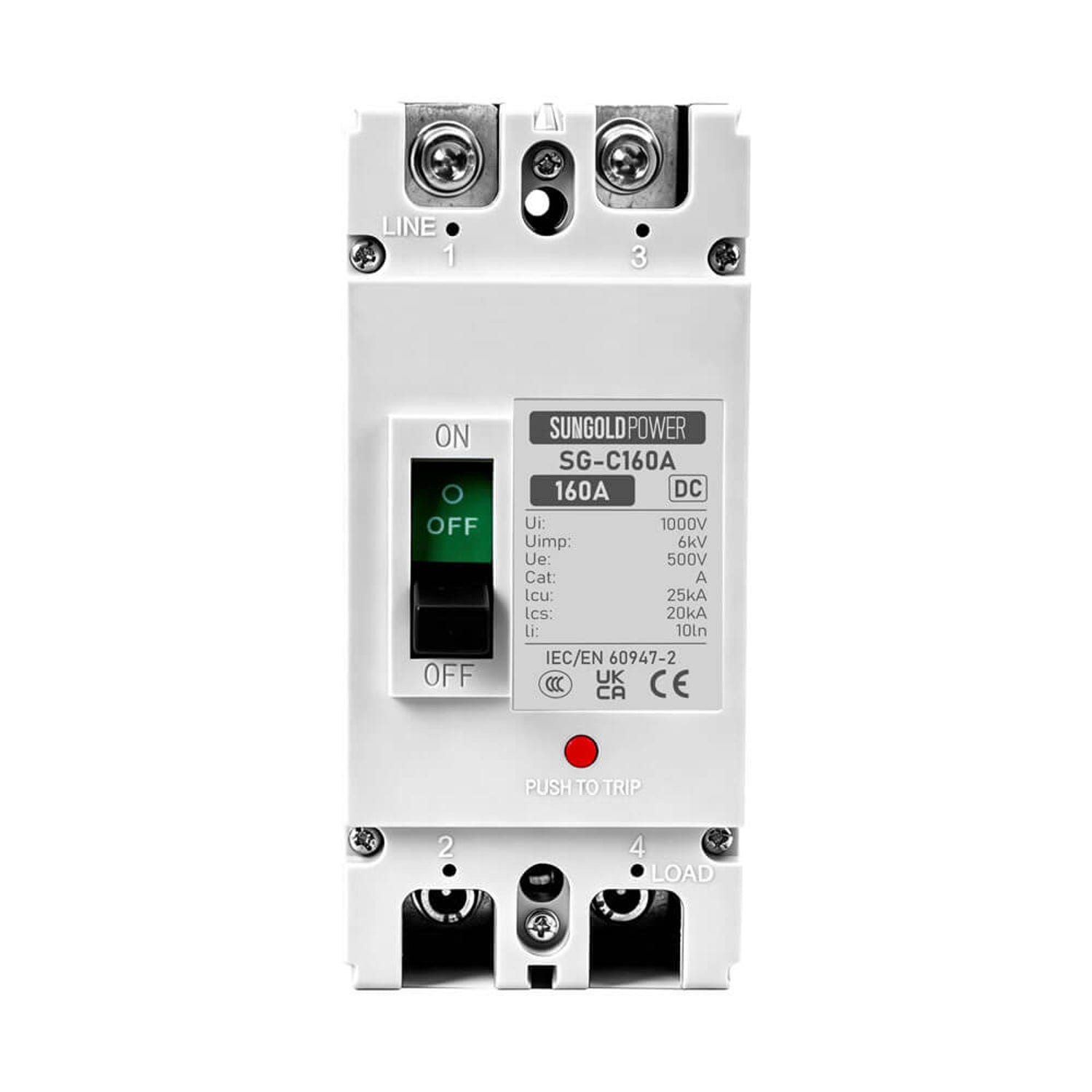 SG-C160A 160A DC breaker front view with rating label and push to trip button