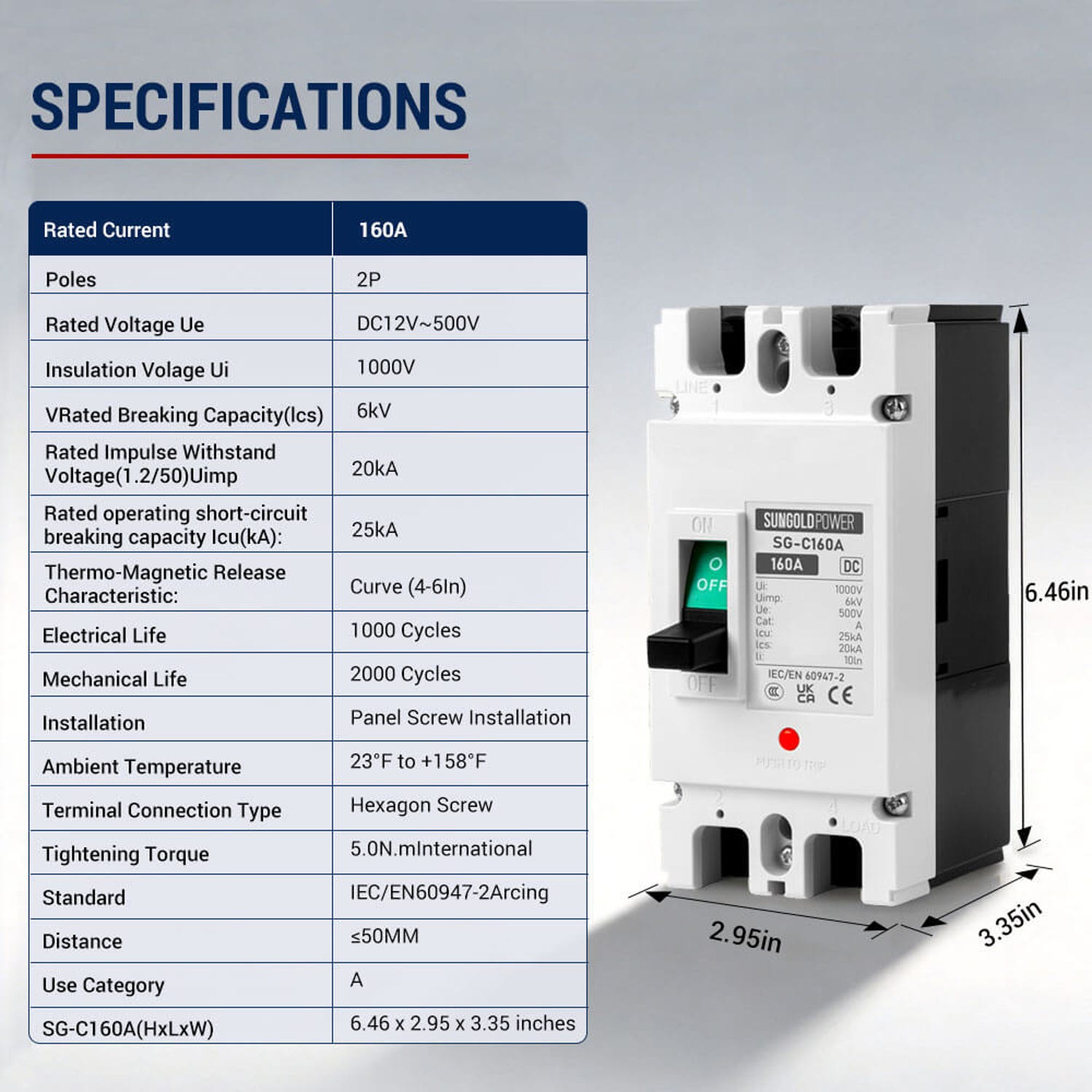 SG-C160A DC breaker specifications table with height width and depth callouts