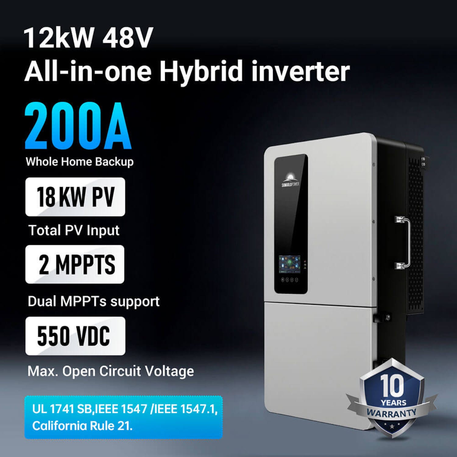 SGS-12K18MAX hybrid inverter in the kit with 200A whole home backup, 18kW PV input, 2 MPPTs and 550VDC callouts