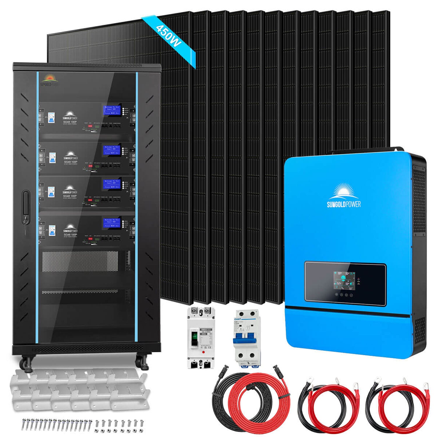 SunGold Power 10kW Off-Grid Solar Kit With Bifacial Panels, 12 black 450W panels, inverter, battery cabinet, breakers and cables