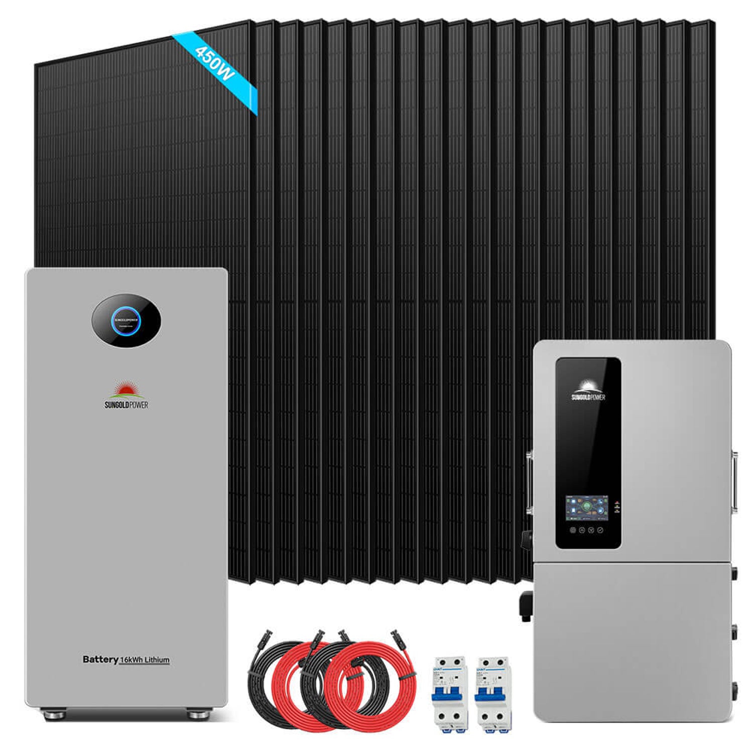 SunGold Power 12kW Hybrid Solar Kit With PowerMax Battery, 20 black 450W panels, one battery, inverter, cables and breakers
