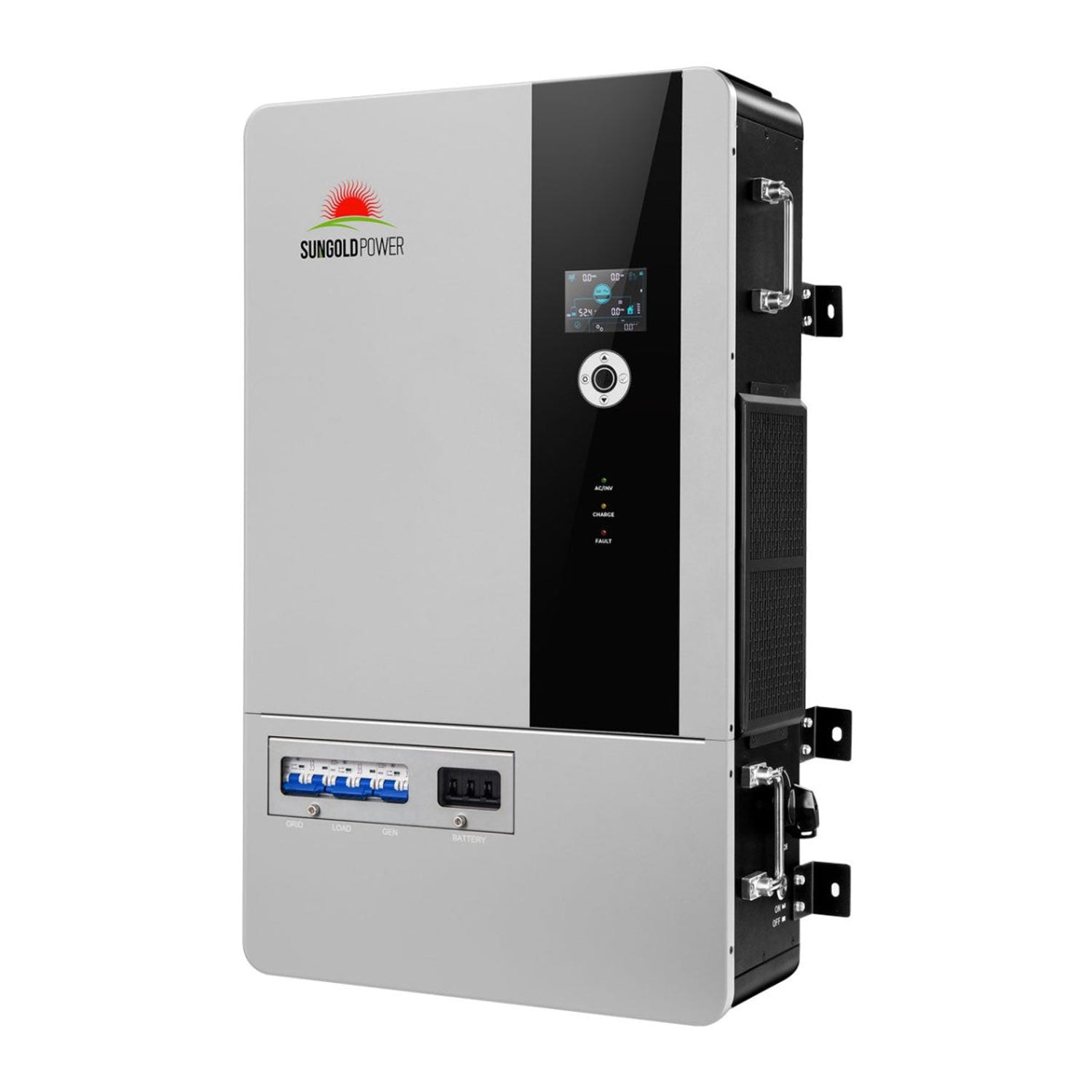 SunGold Power 16KW 48V All-In-One Solar Charge Inverter Freedom Pro 16K-48 front view with LCD and breakers
