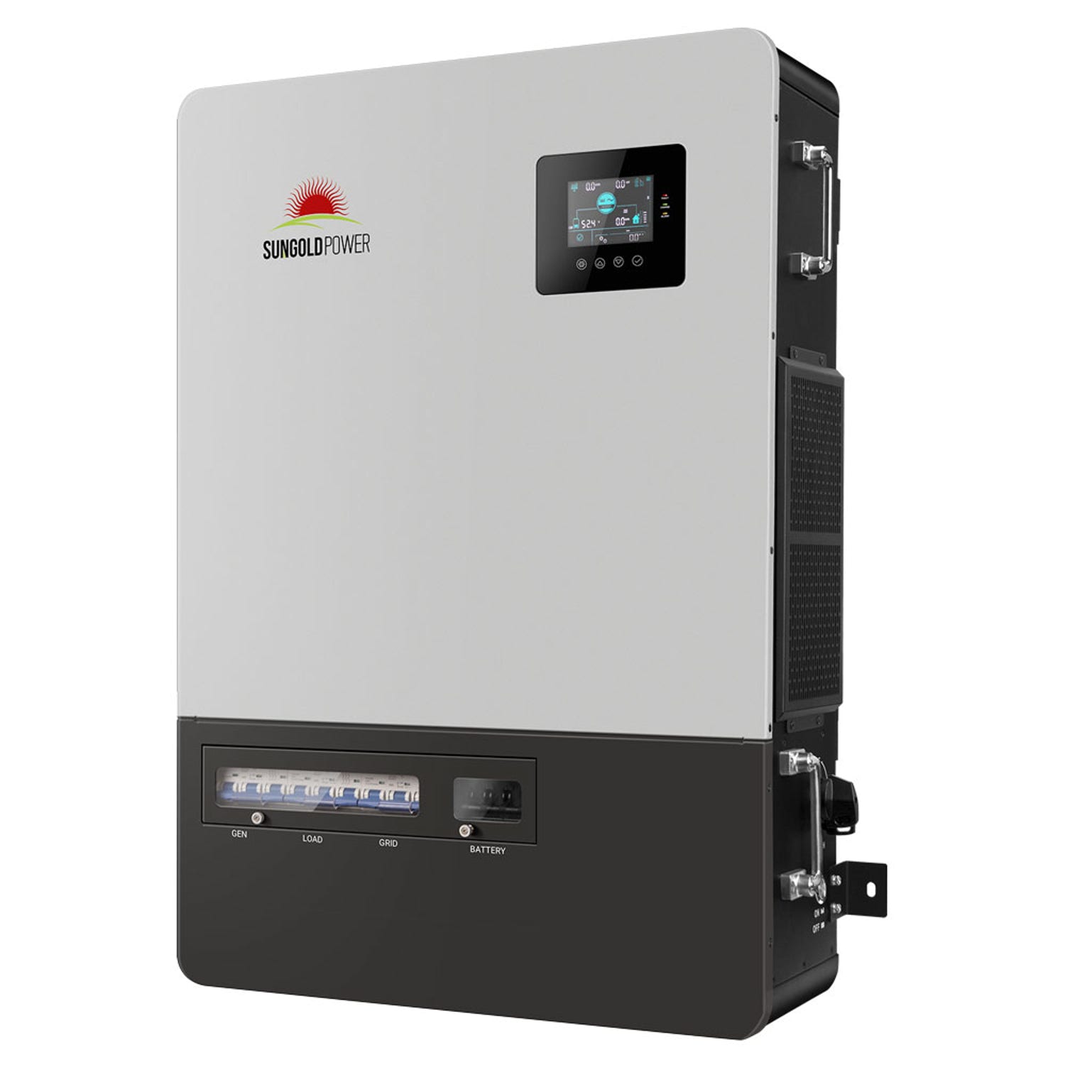 SunGold Power 18KW 48V Three-Phase Solar Charge Inverter PowerCore 18K-48 front view with LCD and breaker panel