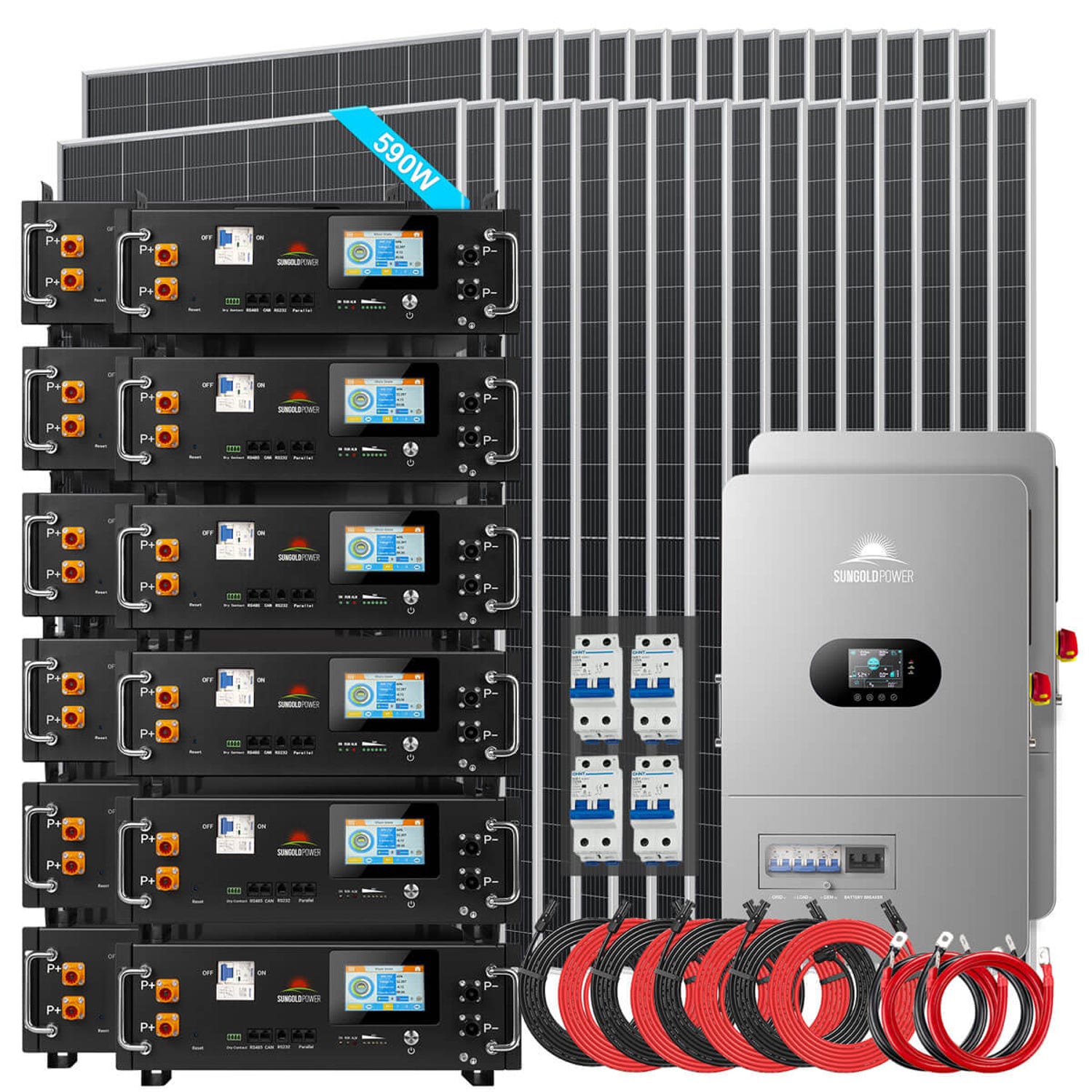 SunGold Power 24kW 48VDC Off-Grid Solar Kit with 31 x 590W panels, 12 CoreX 5 Pro batteries, two inverters and PV breakers