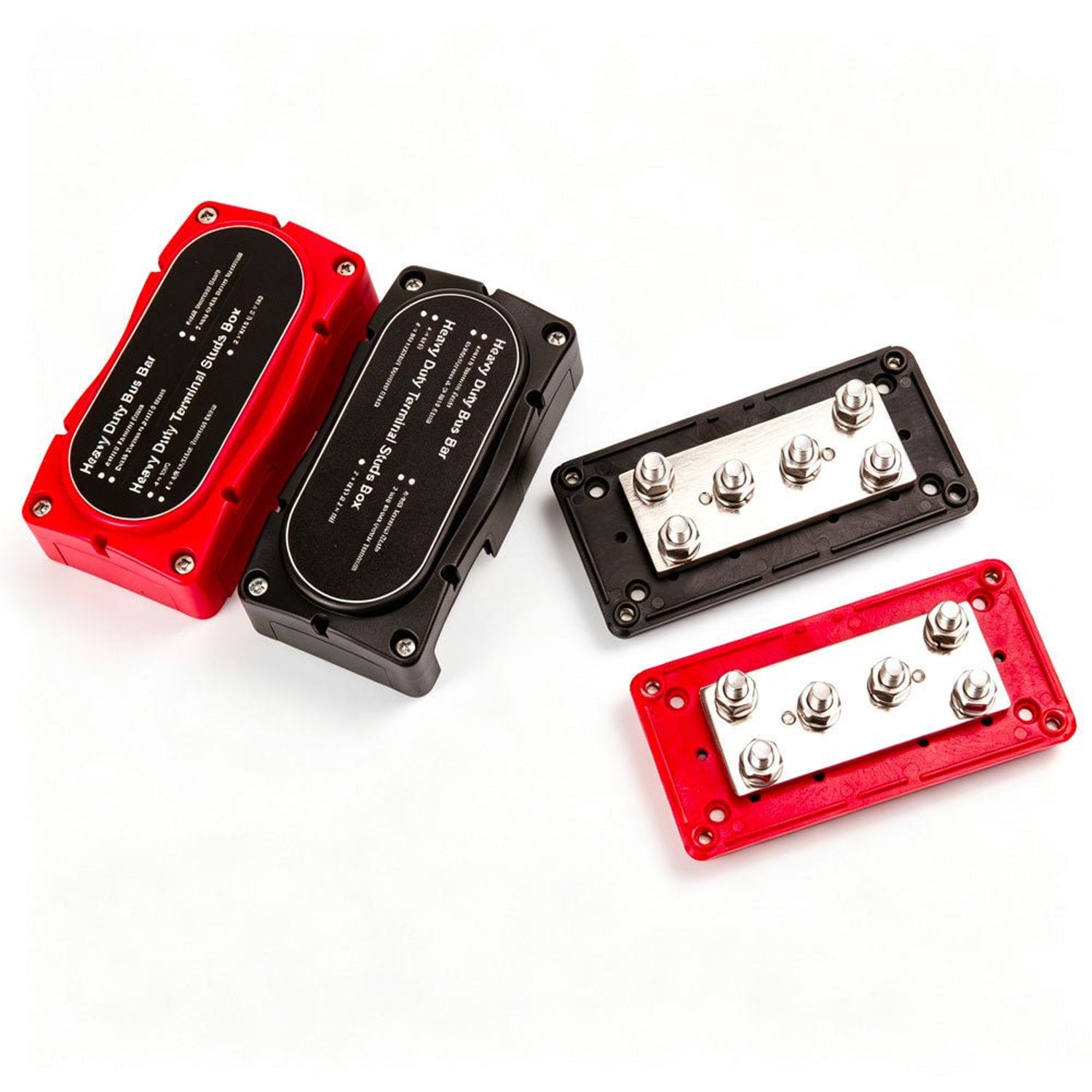 SunGold Power 400 Amp 48VDC Bus Bar with Cover red and black pair shown with covers on and off