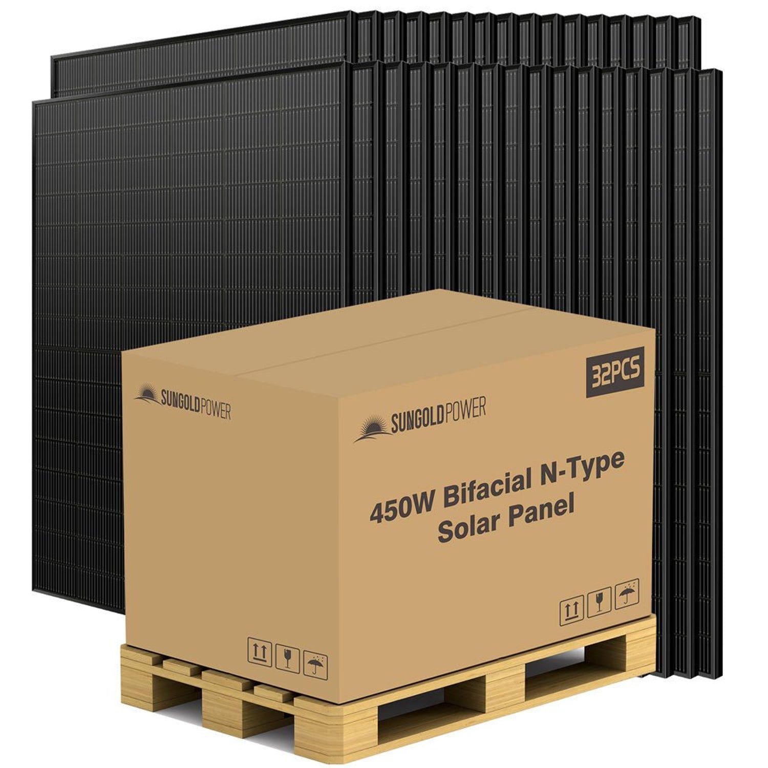SunGold Power 450 Watt Bifacial N-Type Solar Panels pallet of 32 black SGN-450-BDG5 panels