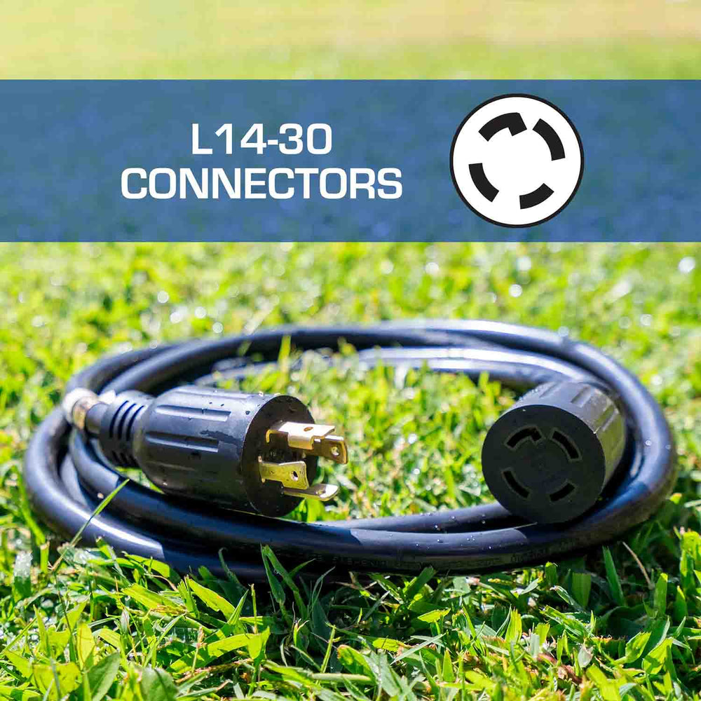 The DuroMax 30-Amp 50-Foot 10-Gauge L14-30 Heavy Duty Generator Power Cord Has L14-30 Connectors