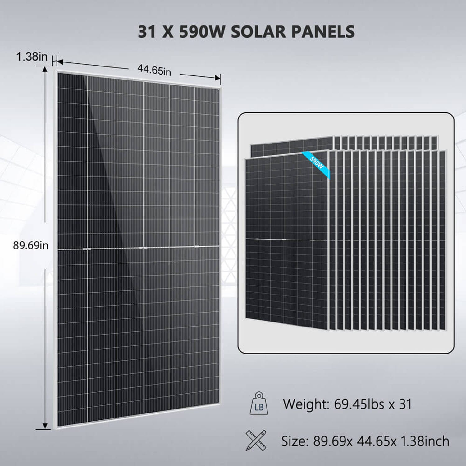 Thirty-one 590W solar panels with 89.69 x 44.65 x 1.38 inch dimensions and 69.45 lb panel weight