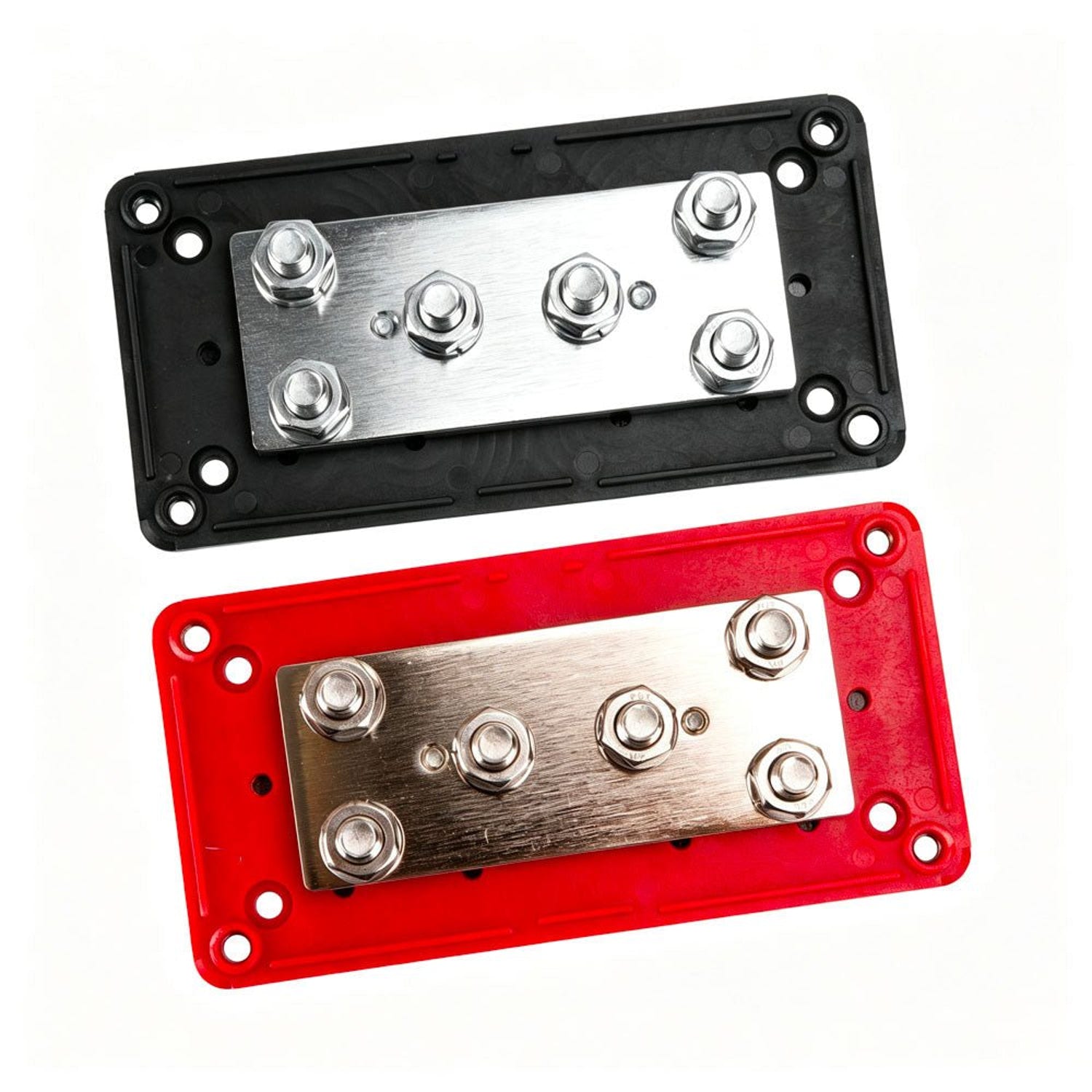 Top view of the 400A red and black bus bar bases with mounting holes and six studs