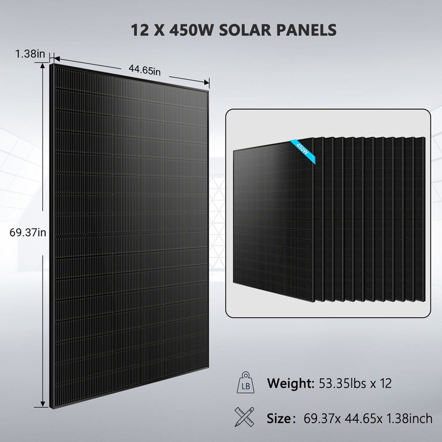 Twelve 450W solar panels with 69.37 x 44.65 x 1.38 inch size and 53.35 lb panel weight