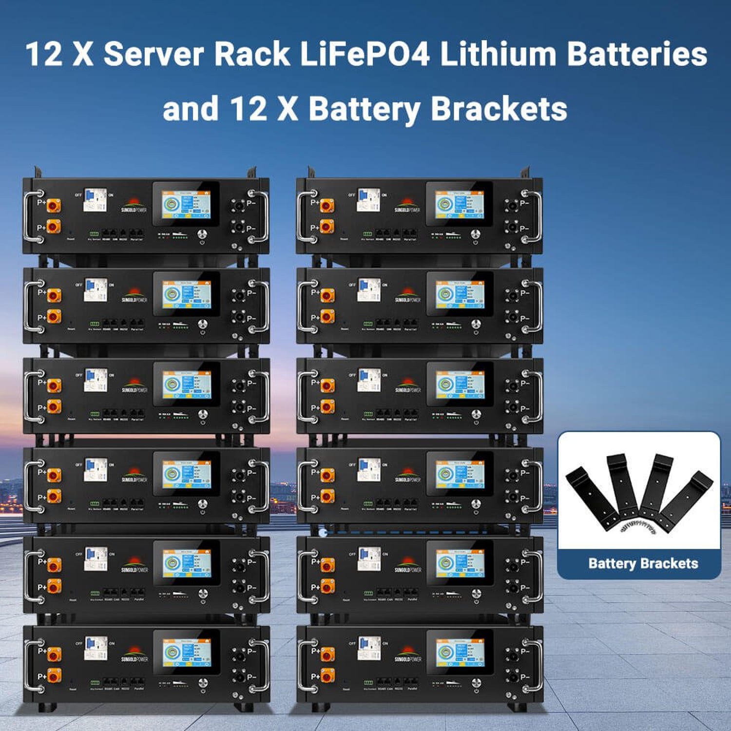 Twelve CoreX 5 Pro server rack LiFePO4 batteries in two stacks with battery brackets for FR-24K60CP