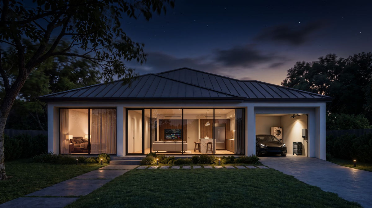 Home with its lights on at night and an EcoFlow TITAN battery backup in the garage