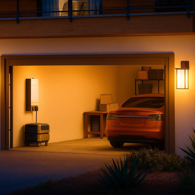 Whole-home battery backup system in an open garage at night beside a parked car