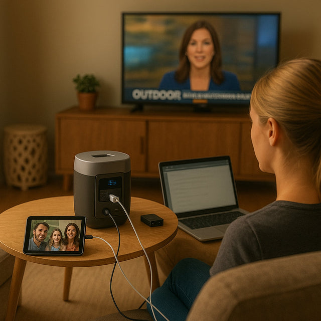 Woman working on a laptop at home while a portable power station charges her tablet and devices
