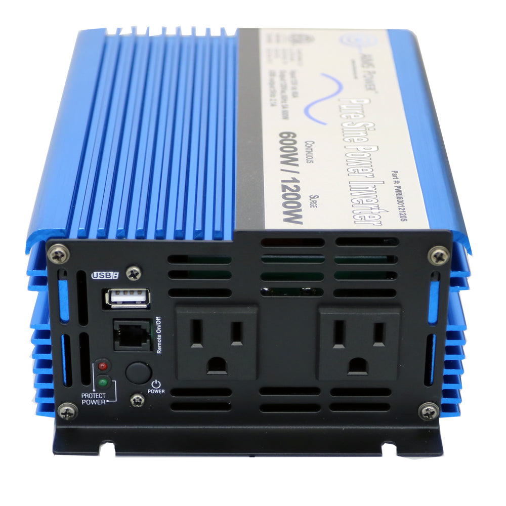 AIMS Power 600 Watt 12 Volt Pure Sine Power Inverter Top View And Side View With AC Outlets