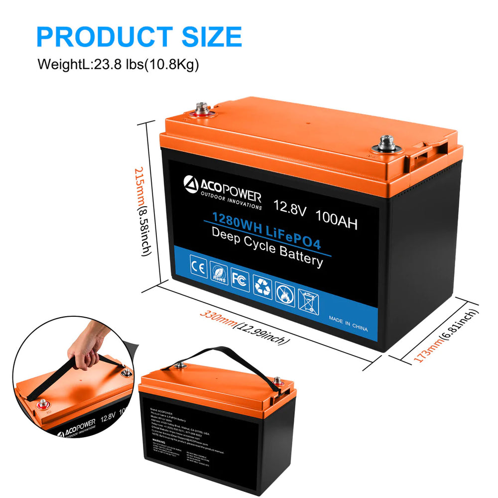 ACOPower 12 Volt 100A LiFePO4 Deep Cycle Lithium Battery Product Size