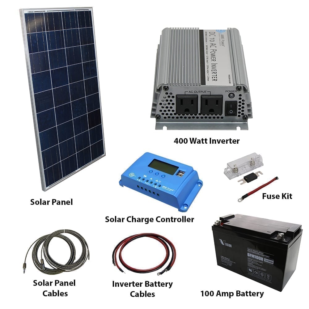 AIMS Power 12VDC Off-Grid Solar Kit | 120 Watt Solar Panel + 400 Watt Modified Sine Inverter
