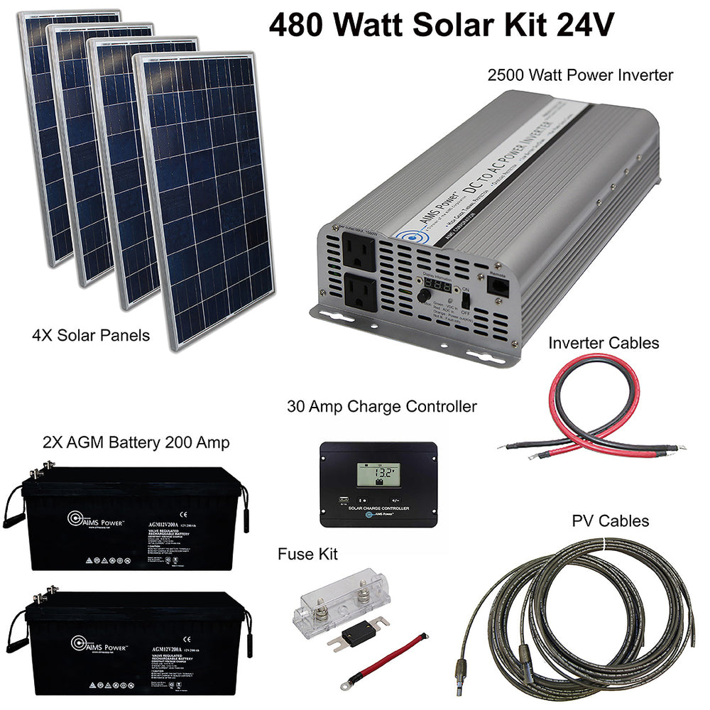 AIMS Power 24VDC Off-Grid Solar Kit | 480 Watt Solar + 2500 Watt Modified Sine Inverter