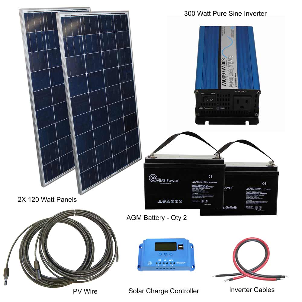 AIMS Power 24VDC Off-Grid Solar Kit | 240 Watt Solar + 300 Watt Pure Sine Inverter