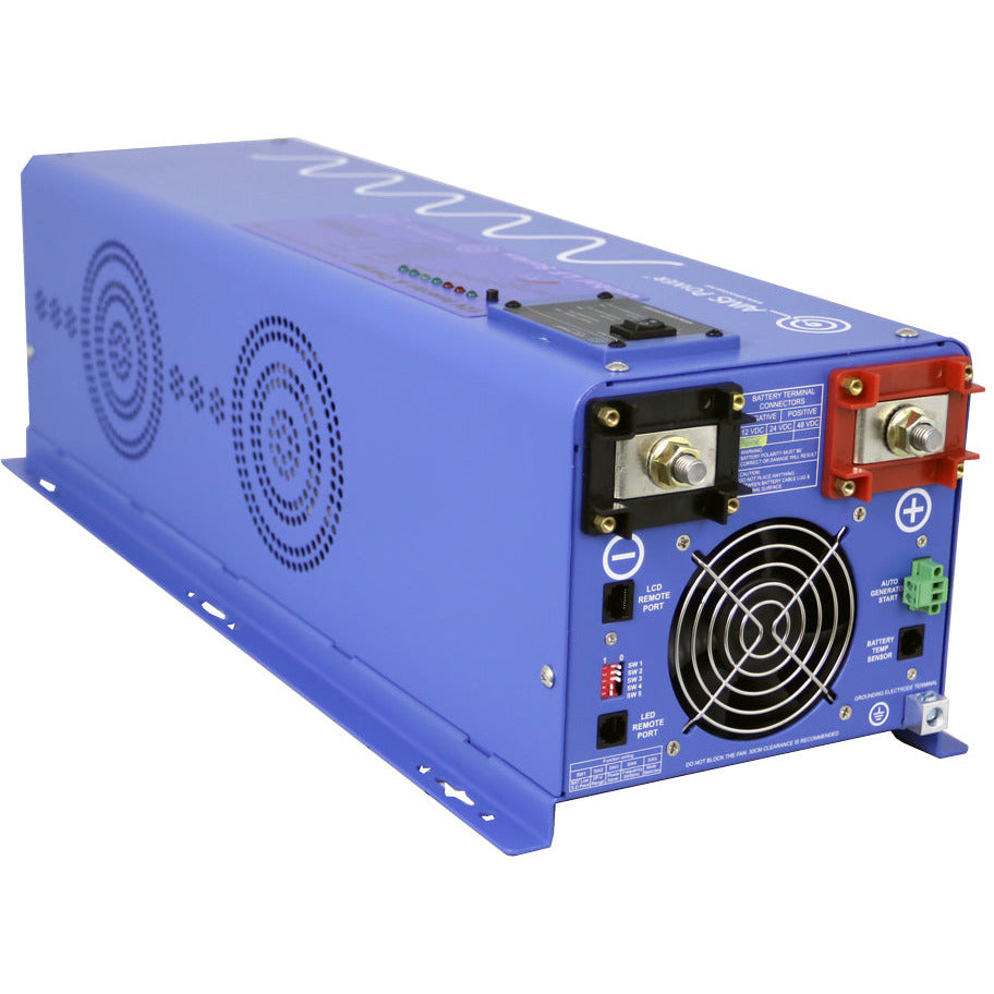 AIMS Power 4000 Watt 12 Volt Pure Sine Inverter Charger Features Side, Top & Rear View