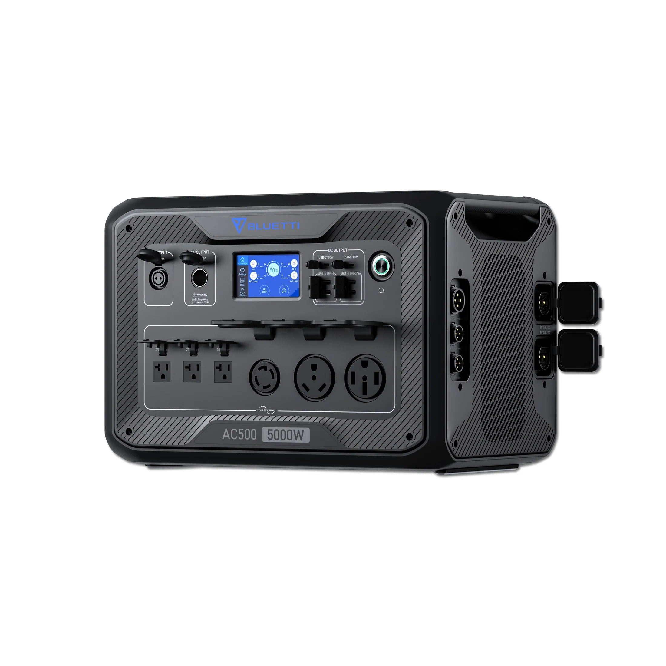 BLUETTI AC500 Front And Right Side View With Ports Open