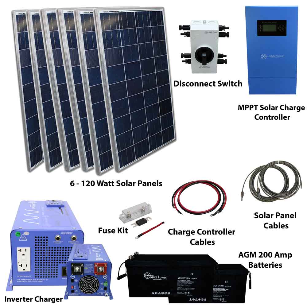 AIMS Power 12VDC Off-Grid Solar Kit | 720 Watt Solar + 1000 Watt Pure Sine Inverter Charger