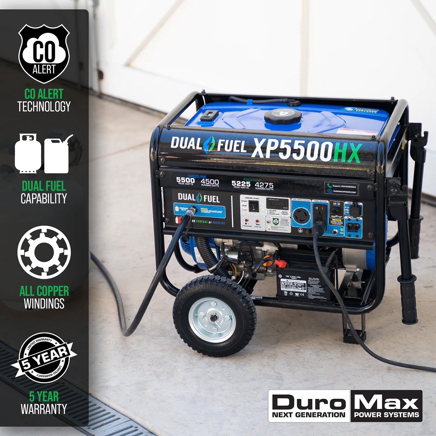 DuroMax XP5500HX Dual Fuel 4500W/5500W Portable HX Generator | CO Alert