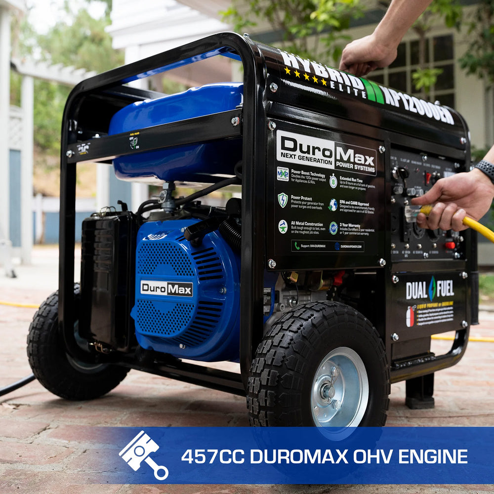 The DuroMax XP12000EH Dual Fuel Portable Generator Has a 457CC OHV Engine