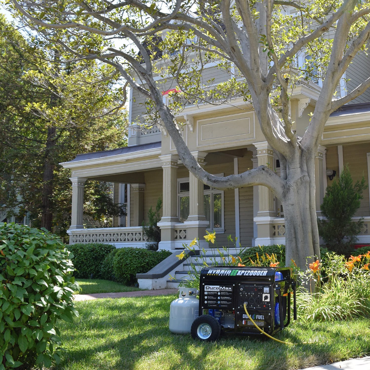DuroMax XP12000EH Dual Fuel Portable Generator Outdoors Powering A Home