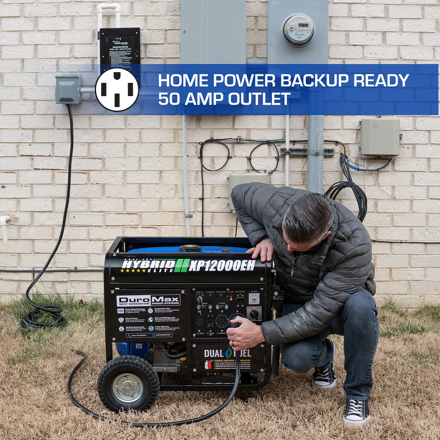 DuroMax XP12000EH Dual Fuel Portable Generator - Home Power Backup Ready With A 50 AMP Outlet