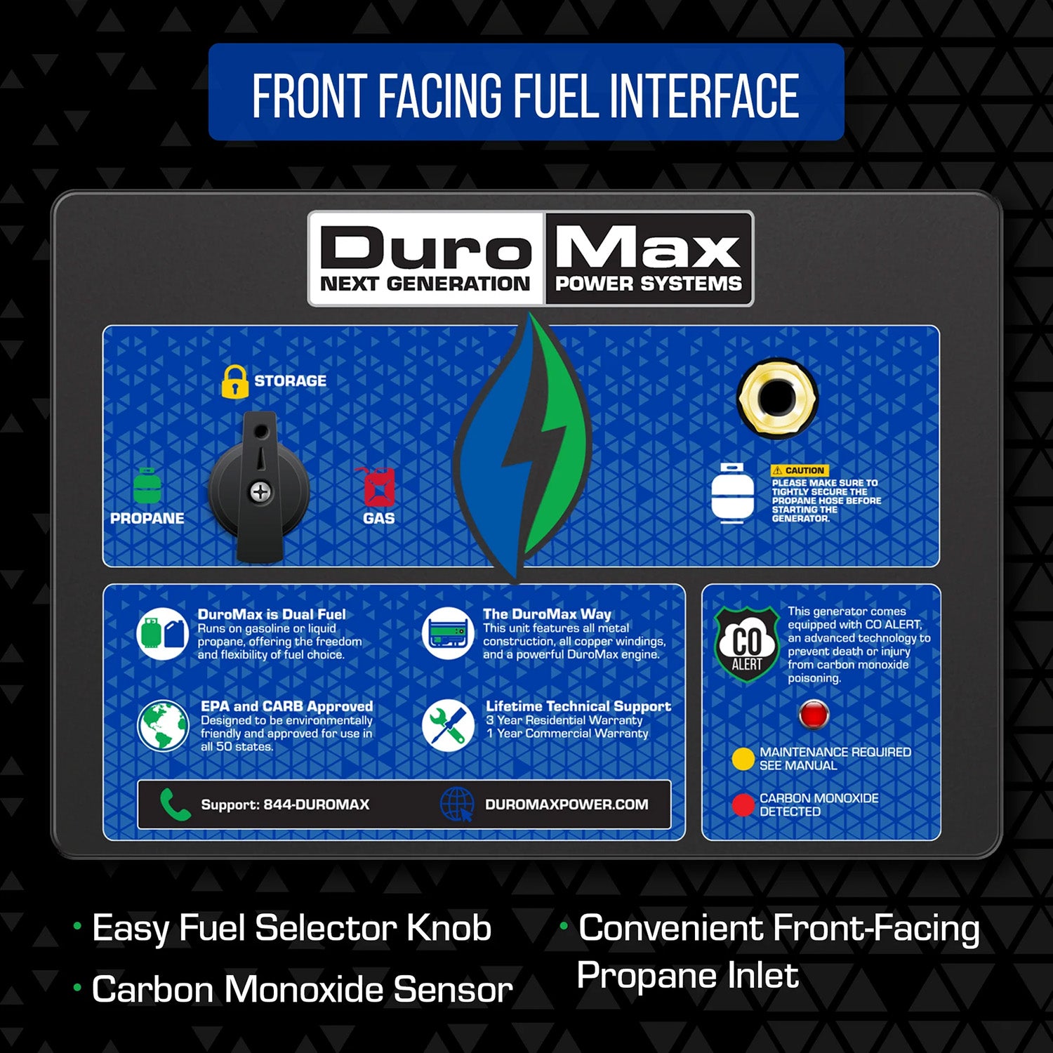 DuroMax XP12000HX Dual Fuel Portable HX Generator Has a Front Facing Fuel Interface