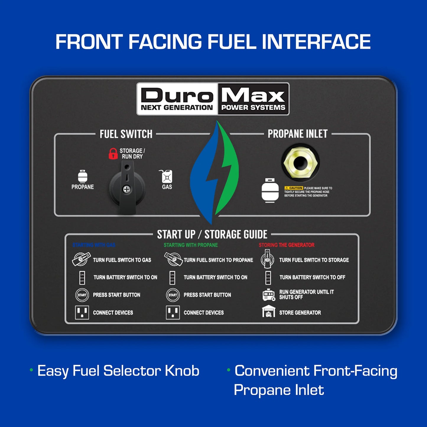 DuroMax XP13000EH Dual Fuel Portable Generator - Front Facing Fuel Interface