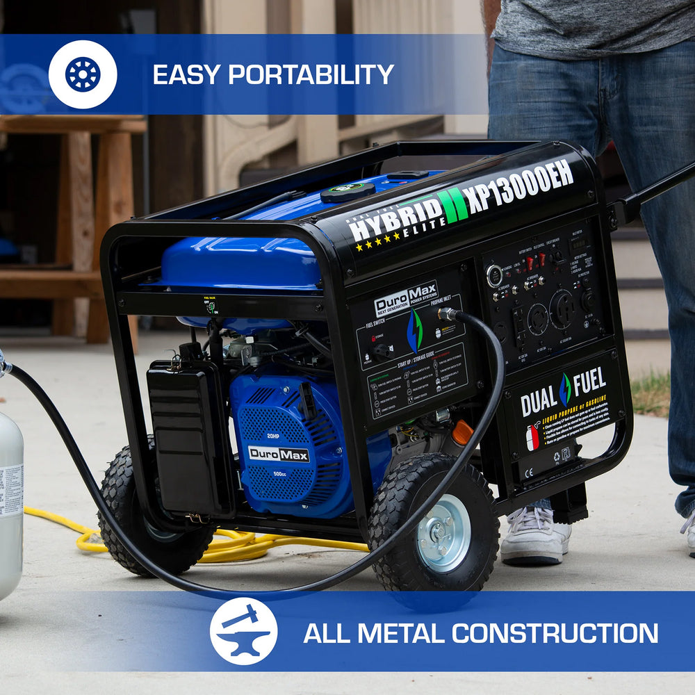 DuroMax XP13000EH Dual Fuel Portable Generator - Easy Portability & All-Metal Construction