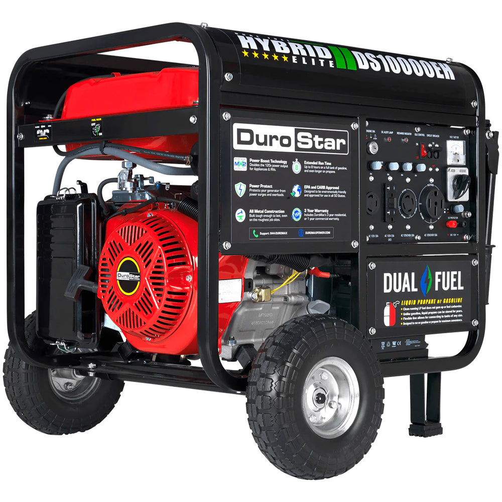 DuroStar DS10000EH Dual Fuel Portable Generator Side & Front View